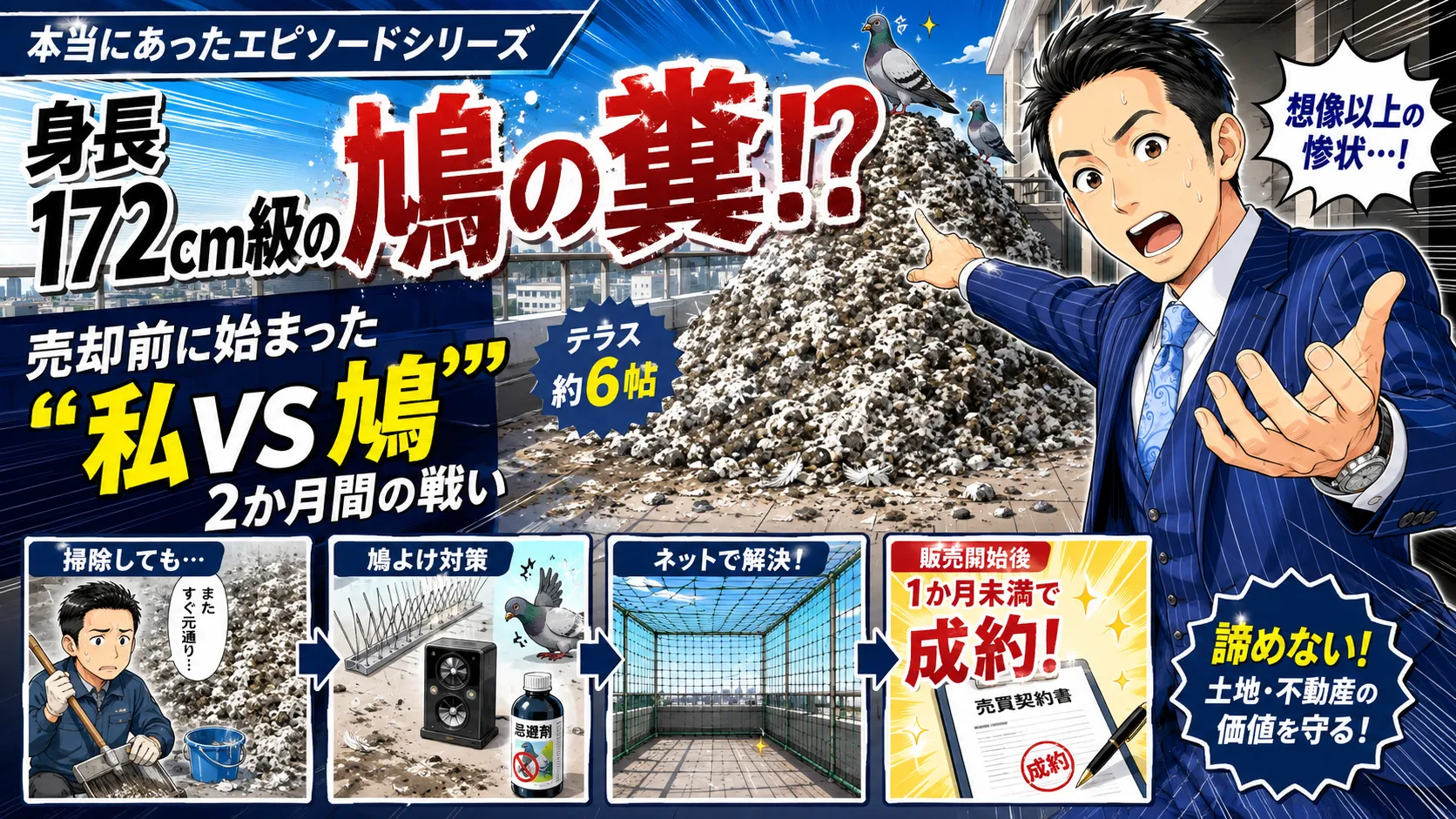 本当にあったエピソードシリーズ「身長172cm級の鳩の糞!?売却前に始まった“私VS鳩”2か月間の戦い」