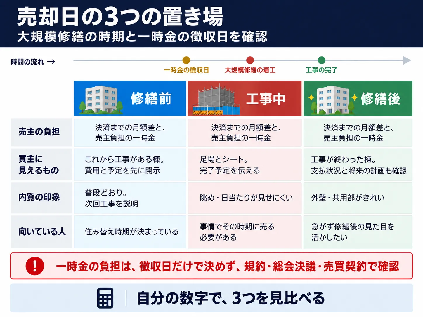 売却日の3つの置き場。横に「修繕前に売る」「工事中に売る」「修繕後に売る」、縦に「売主が負う一時金・値上げ後の月額」「買主に見えるもの」「内覧の印象」「向いている人」を並べた3列の比較表。上部に「次の大規模修繕の時期」と「一時金の徴収日」の2つの日付を置いた帯がある