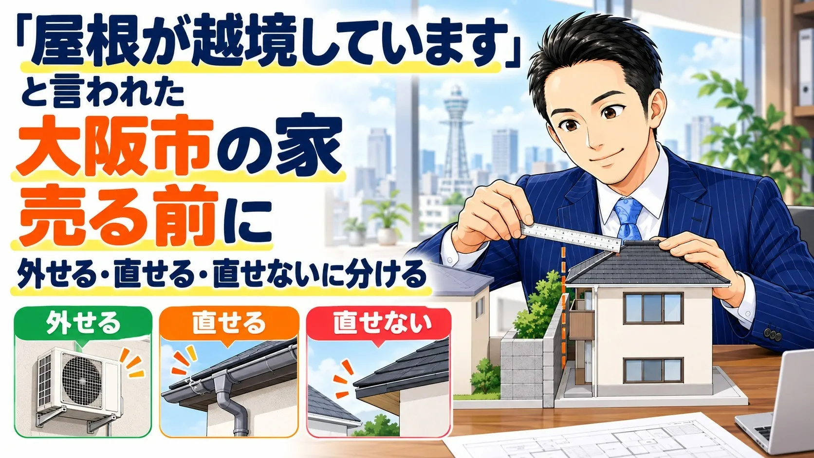 「屋根が越境しています」と言われた大阪市の家｜売る前に外せる・直せる・直せないに分ける