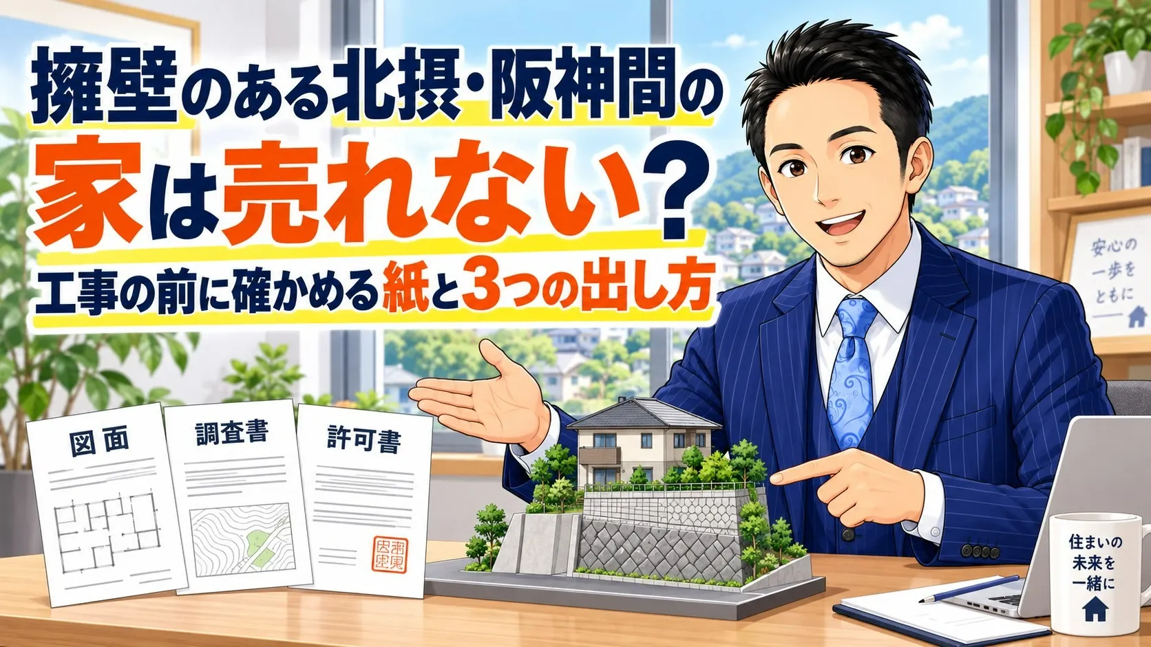 擁壁のある北摂・阪神間の家は売れない?工事の前に確かめる紙と3つの出し方