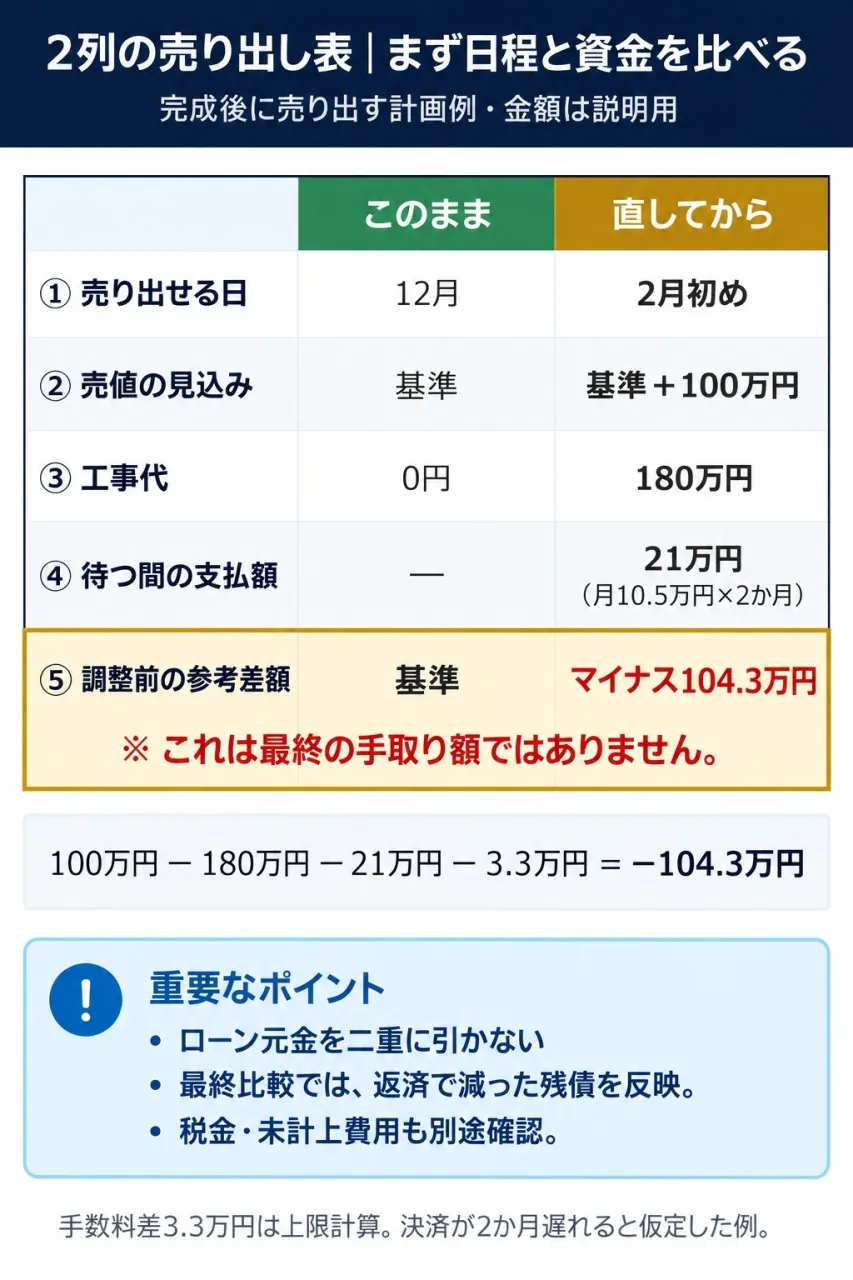 このままと直してからの2列比較。調整前の参考差額はマイナス104.3万円で、最終手取りではない。ローン元金返済による残債の減少、税金と未計上費用を反映する。