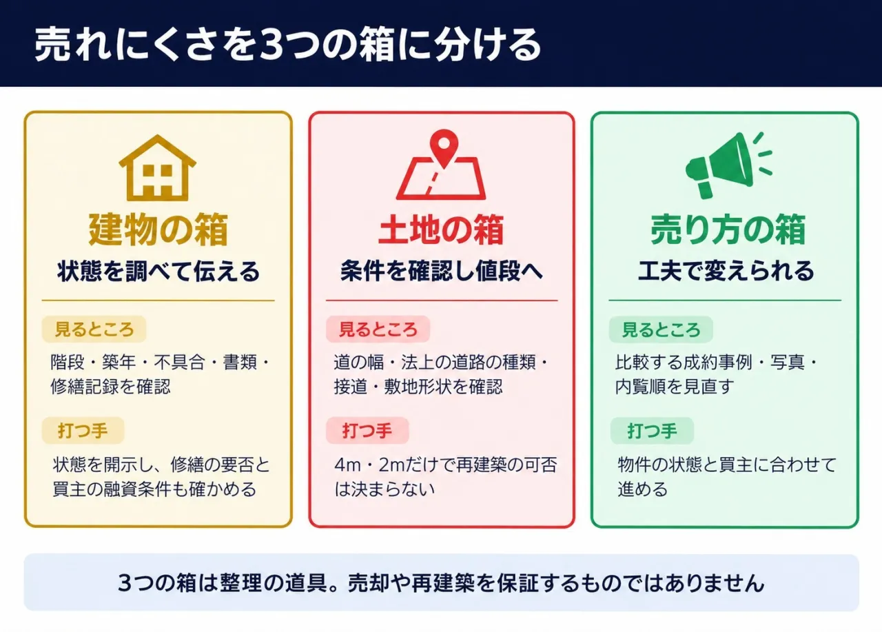 売れにくさを建物・土地・売り方の3つに分ける図。建物は状態を開示し修繕・融資条件を確認。土地は法上の道路・接道などを確認し、4m・2mだけで再建築を判断しない。売り方は成約事例・写真・内覧順を見直す
