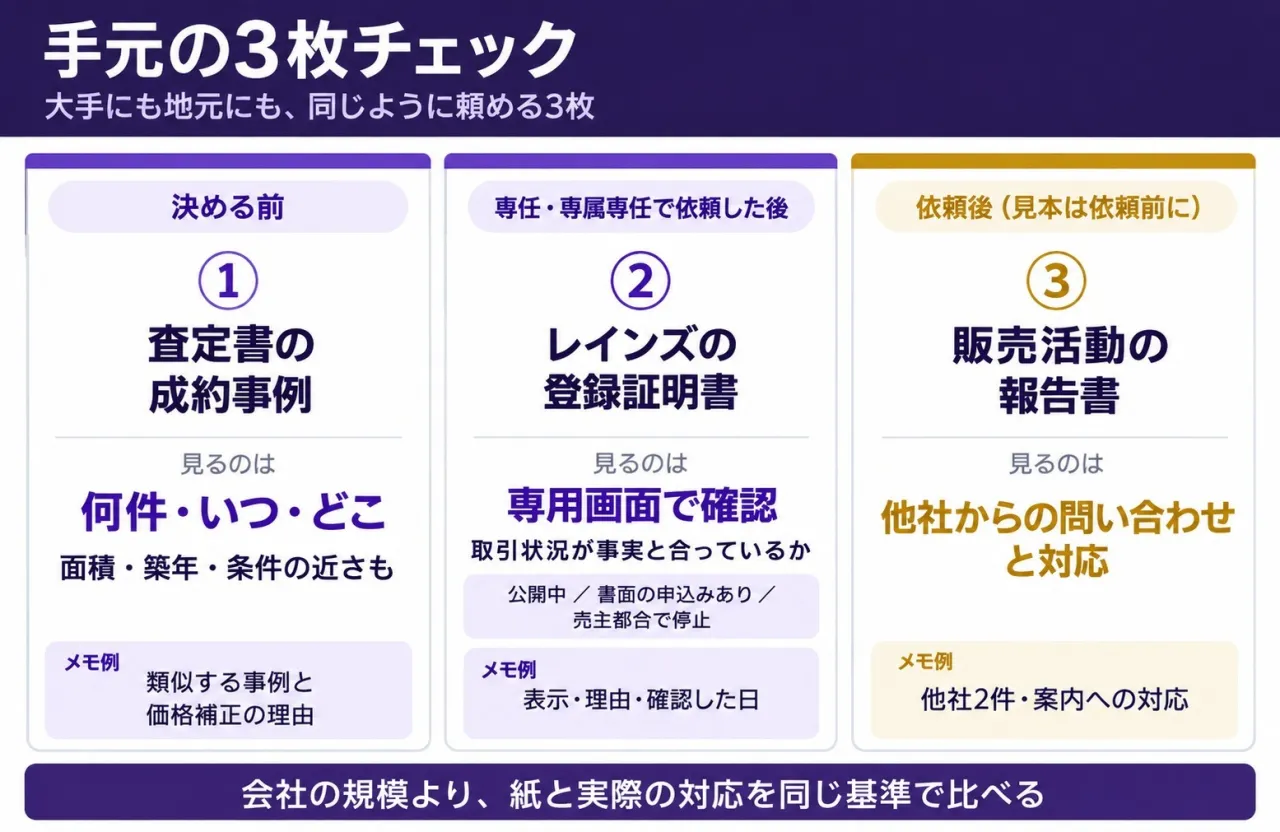 手元の3枚チェック。①査定書の成約事例(何件・いつ・どこ)②レインズの登録証明書(取引状況が事実と合っているか)③販売活動の報告書(他社からの問い合わせが書いてあるか)