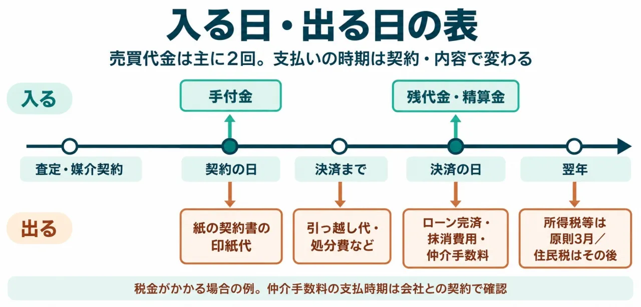 入る日・出る日の表。契約、決済前、決済当日、翌年の所得税等とその後の住民税を区別
