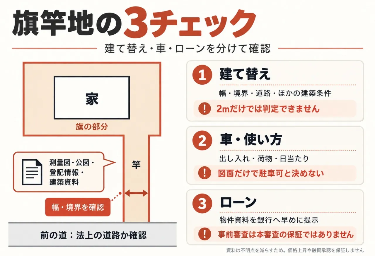 旗竿地の3チェック。建て替えは幅・境界・道路・ほかの建築条件、車は出し入れと使い方、ローンは物件資料を銀行へ。幅2mだけでは再建築を判定せず、資料による価格上昇や融資承認も保証しません